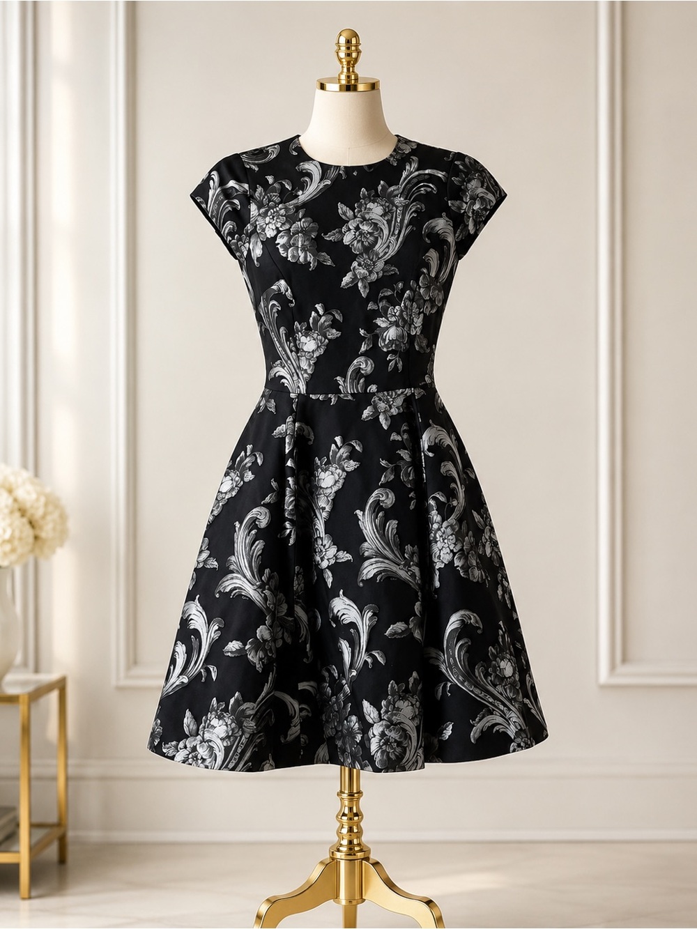 Ted Baker Black Dress with Silver Floral Jacquard